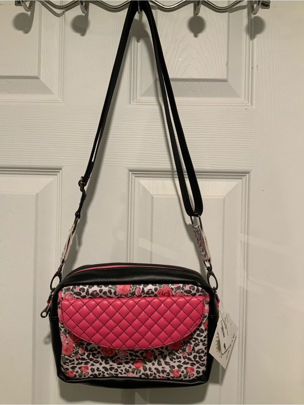 Quilted Pink Floral Leopard Crossbody Bag - Women's Crossbody